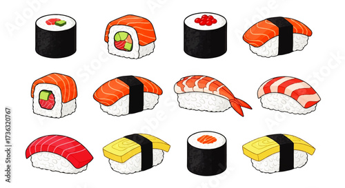 A colorful and delicious assortment of traditional Japanese sushi and maki rolls, featuring salmon, tuna, shrimp, and egg, presented as a clean vector illustration