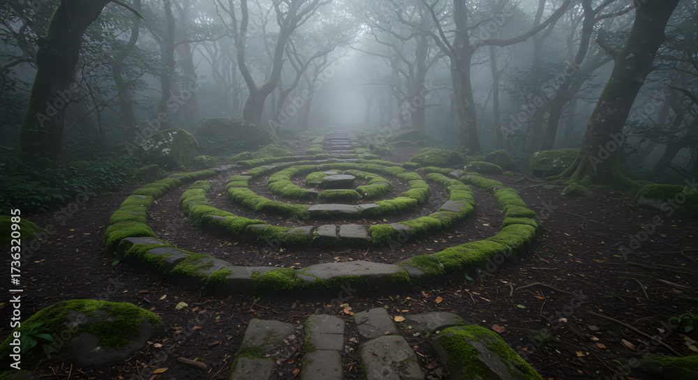 Naklejka premium Spiral Stone Path Disappearing into Foggy Forest