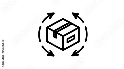 A minimalist line icon of a cardboard box with four curved arrows indicating rotation or a 360-degree view.