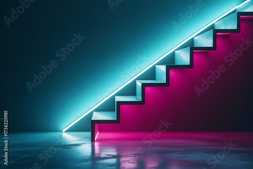 Minimalist staircase illuminated by vibrant neon blue and pink lights on a dark background