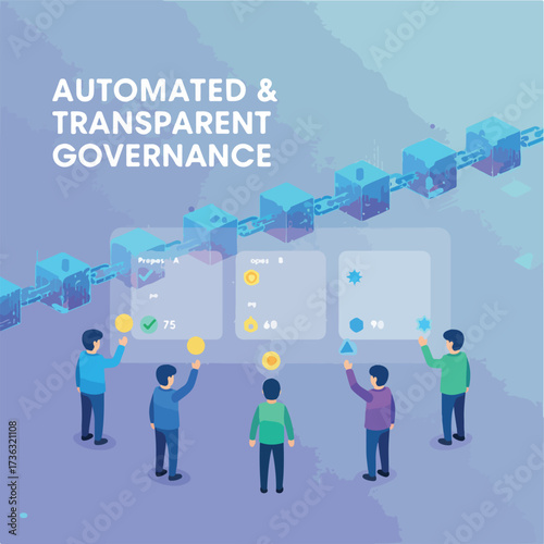 Decentralized Autonomous Organization (DAO) Governance Vector Illustration. Wide Landscape Community Voting on Proposals