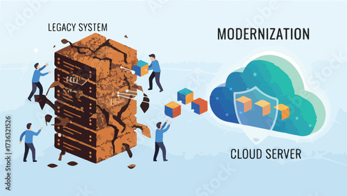 Digital Transformation Legacy System Modernization Vector Illustration. Wide Landscape Developers Upgrading Old Tech.