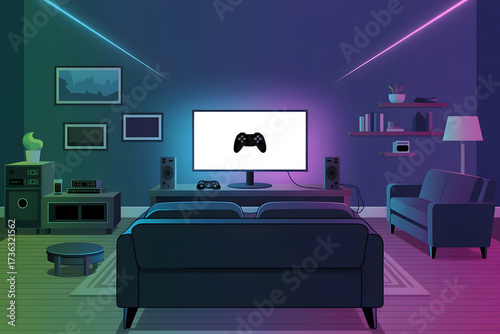 Modern living room setup for gaming with large screen T V and neon lighting gaming room