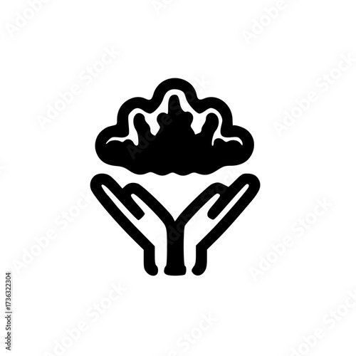 Cloud icon above open hands in flat vector style for care and imagination themed content
