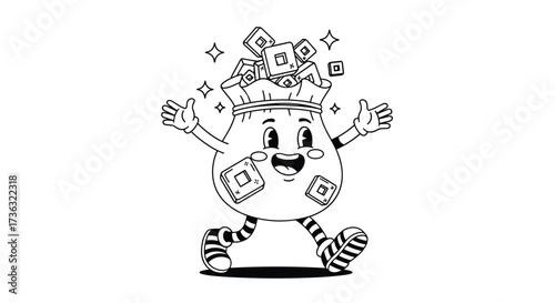 A cheerful cartoon bag overflowing with sparkly diamond shapes while sitting down with its arms open wide.