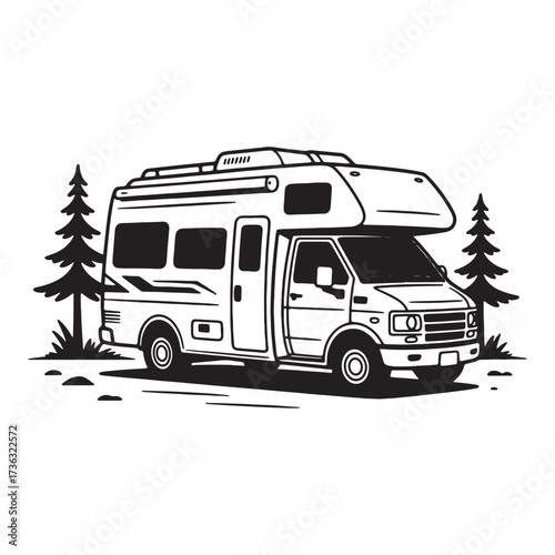 Monochromatic RV Camping Adventure Illustration Featuring a Campervan and Pine Trees, Perfect for Travel and Outdoor Enthusiasts