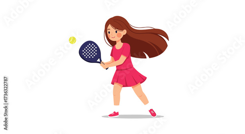 A young girl with long brown hair plays tennis hitting a yellow ball with a racket.
