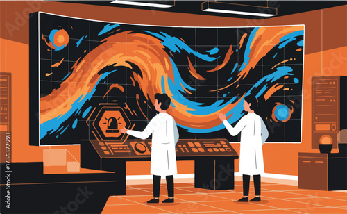 Disaster Alert and Early Warning System Vector Illustration. Wide Landscape Meteorological Team Predicting Storms