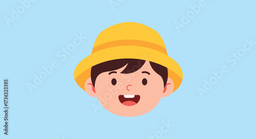 A cheerful boy wearing a yellow sun hat and smiling broadly with his mouth open. .