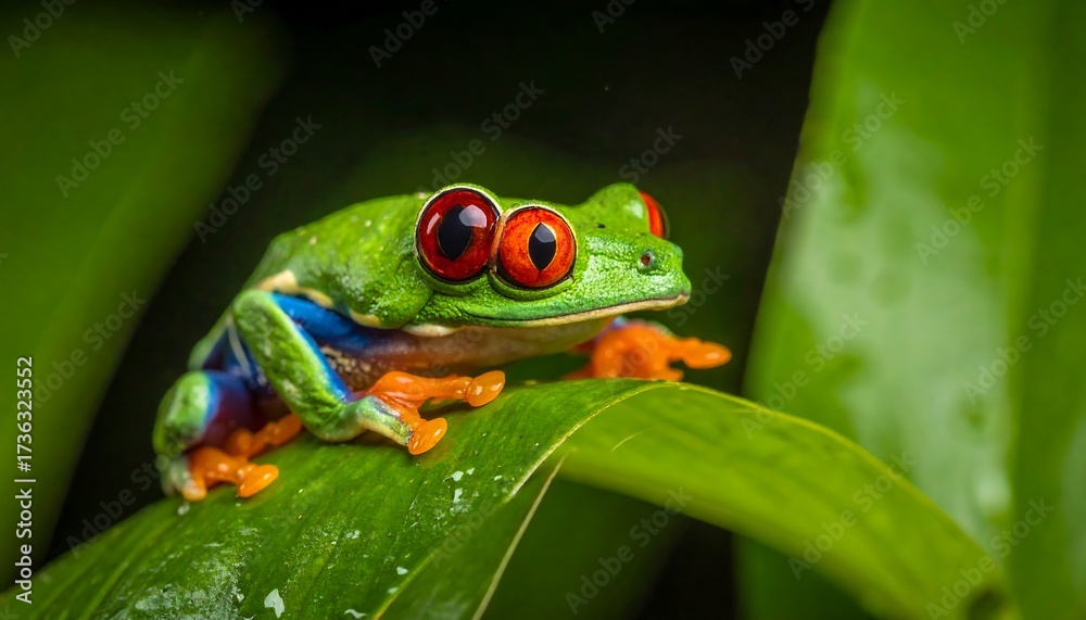 Fototapeta premium Colorful frog on a leaf in a jungle setting