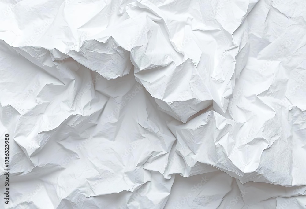 Fototapeta premium Close-up of a crumpled sheet of white paper, showing deep creases and texture, surface, shadow