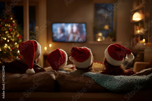 Family wearing santa hats watches movie together on couch in living room at christmas time