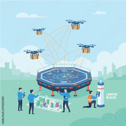 Drone Delivery Logistics and Autonomous Transportation Vector Illustration. Wide Landscape Dispatchers Monitoring Routes