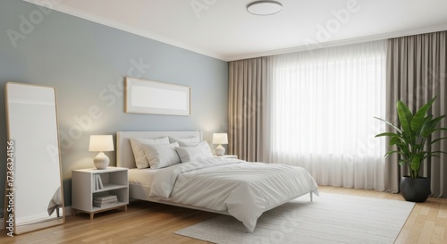 Serene bedroom with a kingsize bed, white bedding, bedside tables, a fulllength mirror, and a large window with elegant curtains