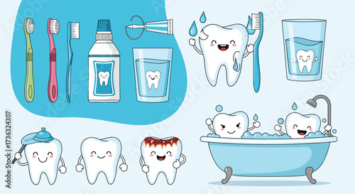 Cartoon teeth and dental hygiene tools illustrate oral care habits and healthy smiles.