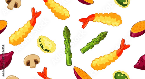 Seamless pattern of Japanese tempura and vegetables including shrimp, asparagus, sweet potato, and mushroom, perfect for culinary backgrounds and designs