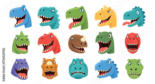 Collection of colorful cartoon dinosaur heads with funny expressions and open mouths.