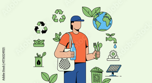 Illustration of a person embracing a sustainable lifestyle with eco-friendly icons.