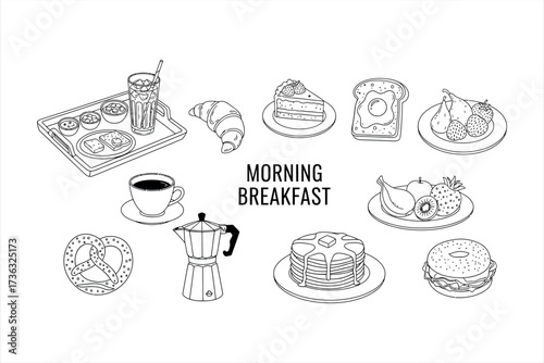 Black and white line art illustration of a morning breakfast spread with coffee and pastries food