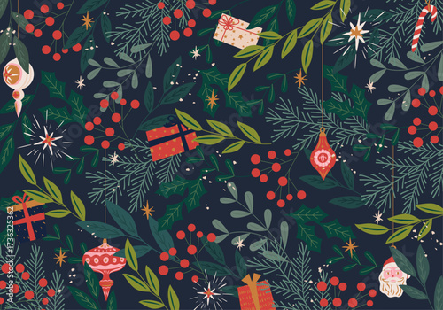 クリスマスのための背景。ひいらぎやオーナメントのフラットなデザイン。ベクターイラスト。