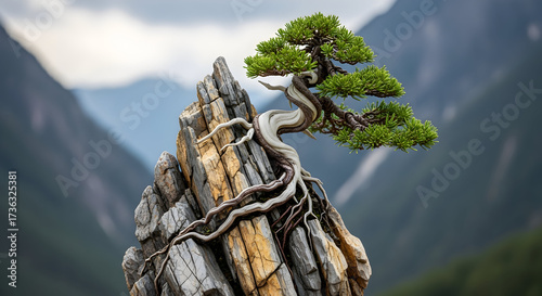 Bonsai tree growing on rock formation