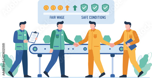 Ethical Sourcing Fair Labor Practices Audit Vector Illustration. Wide Landscape Inspectors Ensuring Compliance