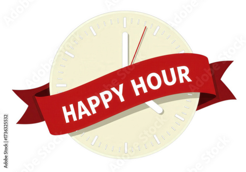 A promotional image for happy hour, featuring a clock with a red ribbon. This image is perfect for advertising discounts on drinks and food at bars and restaurants.