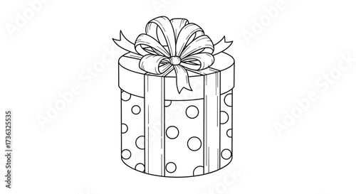 A decorative round gift box with a large bow on top, perfect for special occasions.