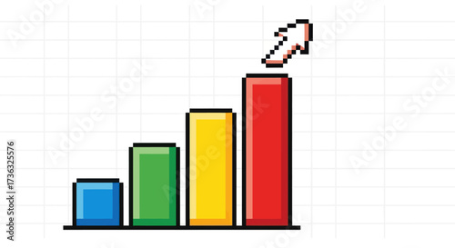 Pixelated Bar Chart with Upward Arrow Symbolizing Growth and Progress.