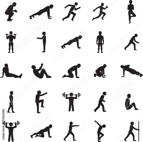 Fitness Exercise and Yoga Poses Silhouette Icon Set