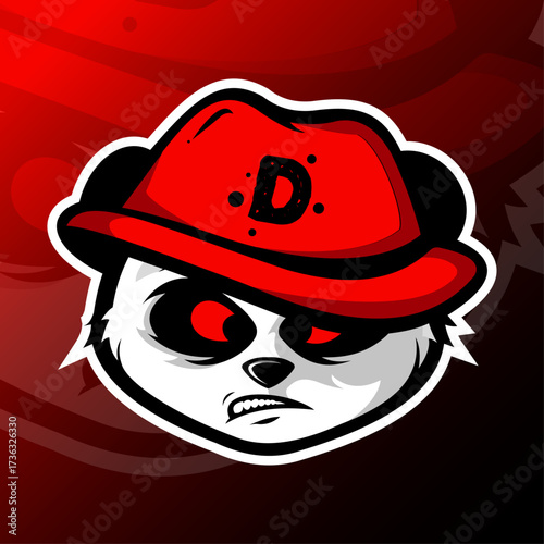 A stylized panda head, the main subject, is centered and fills most of the frame. The panda has a white face with black markings around its eyes and ears. It is wearing a bright red fedora with a blac