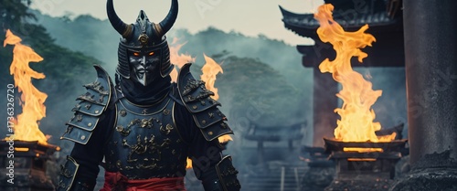 Demonic Samurai Overlord with Horned Helmet in Burning Temple – Fantasy Epic Artwork
