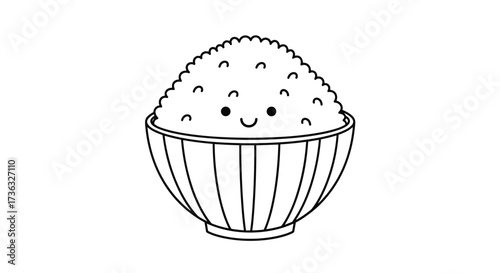 A cute drawing of a bowl of rice with a happy face on it.