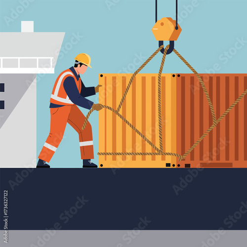 Crane lifting an orange shipping container with a worker guiding ropes.