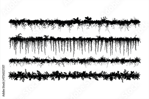 Black silhouette vines and leaves borders on white background foliage