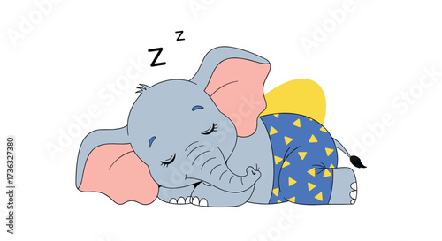A cute baby elephant peacefully sleeping in his pajamas wearing a yellow hat. The elephant is gray with large pink ears and is dreaming.