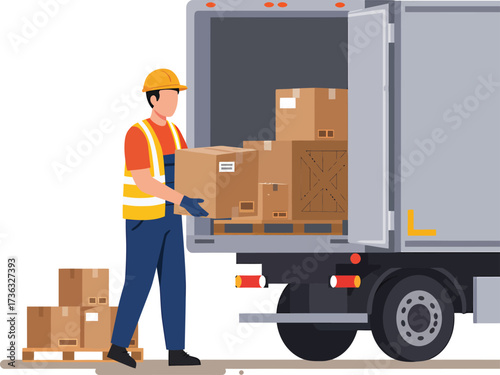 Delivery worker loading boxes into a truck.