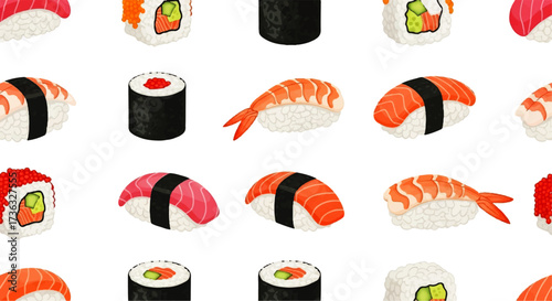Delicious Sushi and Sashimi Assortment Pattern Featuring Various Types of Rolls and Nigiri