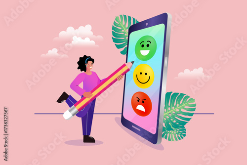 Customer satisfaction survey and feedback concept. A woman uses a giant pencil to rate her experience on a mobile app, choosing between happy, sad, and angry emoji faces for a review.