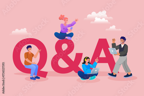 FAQ concept. A diverse group of people uses laptops for an online discussion, asking questions and getting answers in a community forum or for customer support and information.