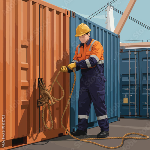 Dockworker Securing Cargo Container with Rope.