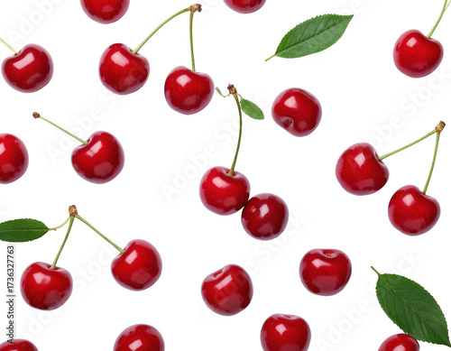 Fresh Red Cherries with Leaves on a Black Background