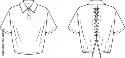CAD drawing flat vector, short sleeve shirt sketch, polo collar fashion illustration, lace-up back top design, apparel technical template