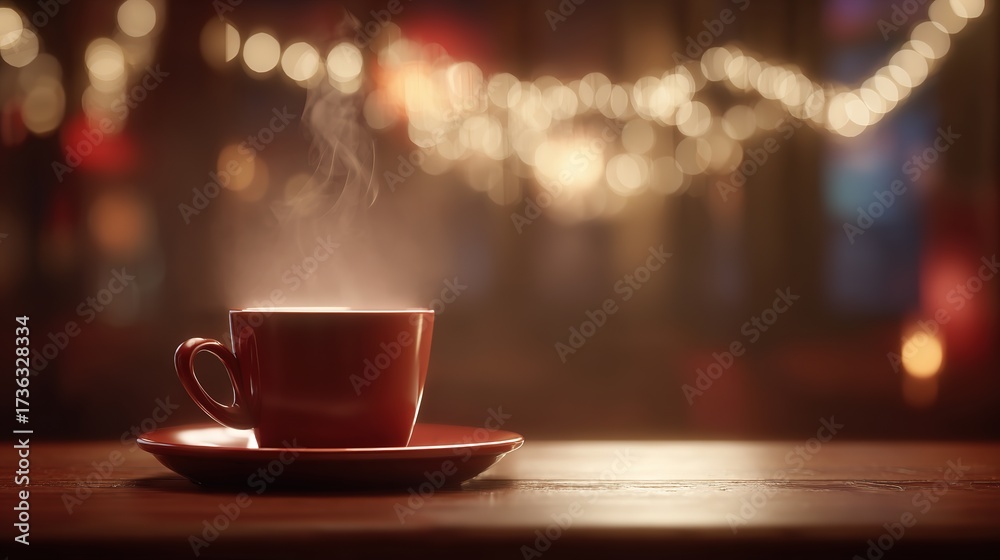 Obraz premium pause. A close-up view of a coffee cup with steam rising, set against a blurred, cozy backdrop. bar promotions, beverage menus, designed for food & beverage menus and cafe branding.