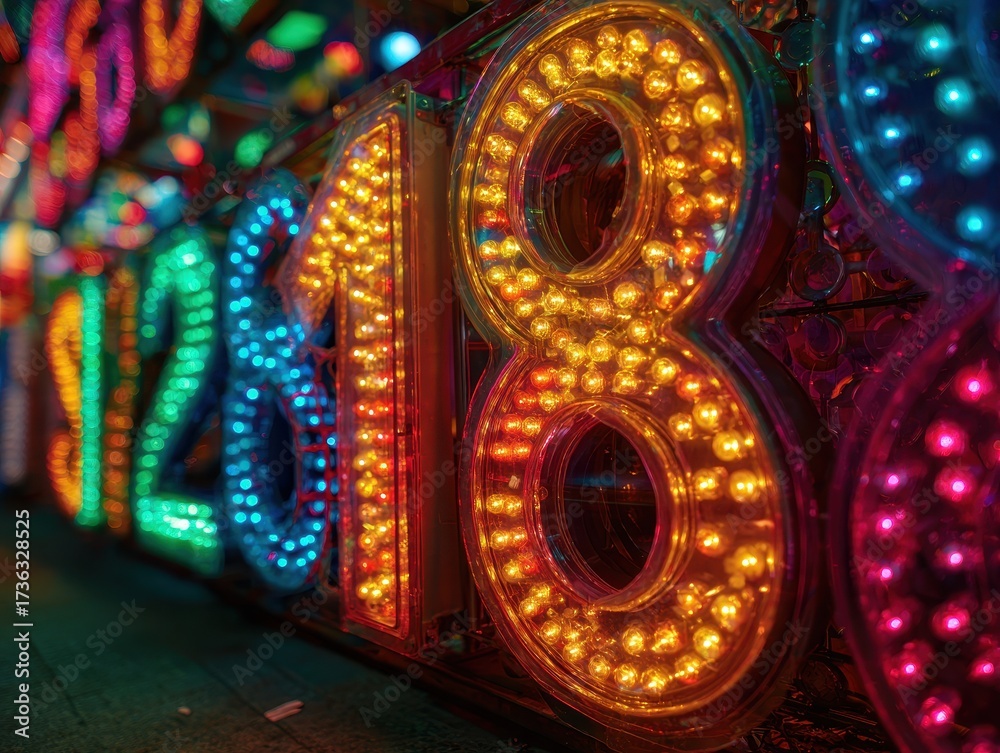 Naklejka premium Illuminated 2018 Neon Sign - Vibrant Colors, Festive Celebration, Close-Up View.