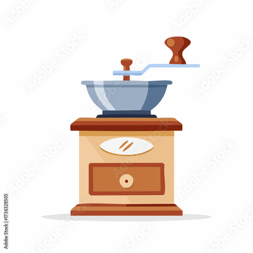 Vintage wooden coffee grinder with coffee beans isolated on white background