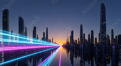 Cityscape with digital light trails at sunset