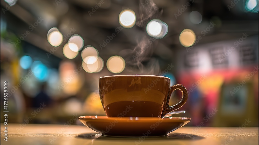 Obraz premium pause. A close-up view of a coffee cup with steam rising, set against a blurred, cozy backdrop. bar promotions, beverage menus, designed for food & beverage menus and cafe branding.