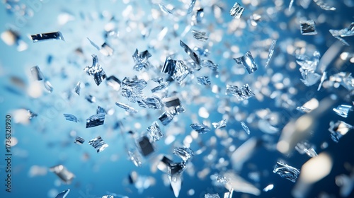 Silver Confetti Pieces Falling Gracefully Against a Soft Blue Background Evoking Celebration Elegance
