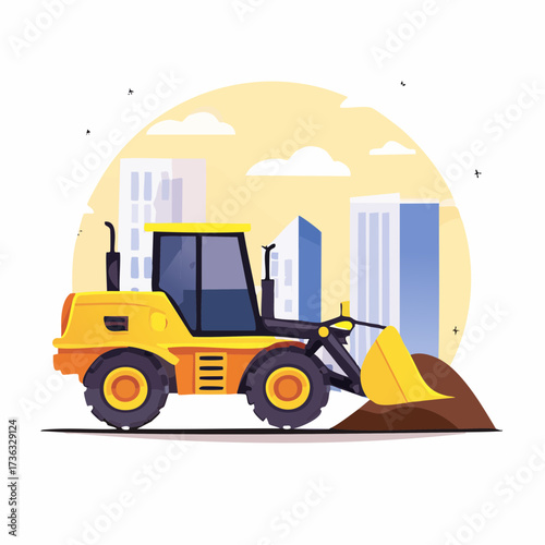 Vector illustration of a yellow front loader tractor working at a construction site with a city skyline in the background.